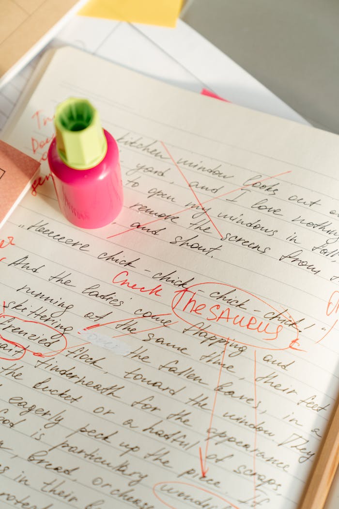 Vertical shot of a notebook with text edits and a highlighter, perfect for educational themes.